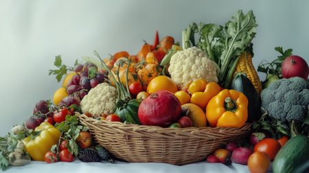 Freshly harvested vegetables and fruits arranged in a basket on a white background, perfect for food themesの素材