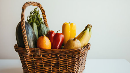 Fresh produce in a basket on a plain white table, showcasing health and nutrition with text spaceの素材