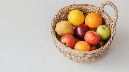 Fresh fruits and vegetables in a woven basket, clean top view with space for health-oriented copyの素材