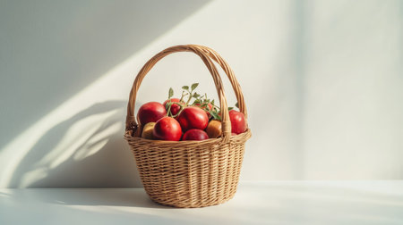 Fresh produce in a basket on a plain white table, showcasing health and nutrition with text spaceの素材