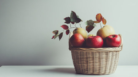 Fresh seasonal produce in a basket, natural and healthy, with space for wellness-themed textの素材