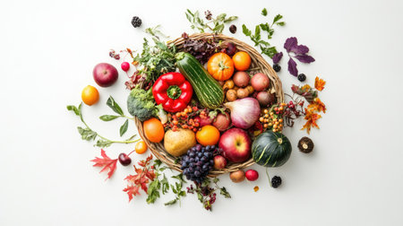 Freshly harvested vegetables and fruits arranged in a basket on a white background, perfect for food themesの素材