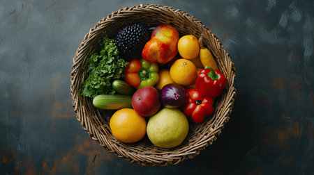 Colorful fruits and vegetables in basket, top view with copy space, ideal for nutrition themesの素材