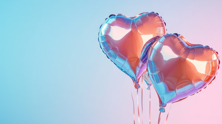 Giant heart-shaped balloons floating freely, symbolizing love and joy with clear space for textの素材