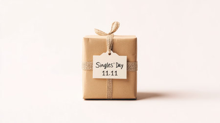 Isolated gift box with "Singles' Day 11.11" tag on white, simple and celebratory with copy spaceの素材