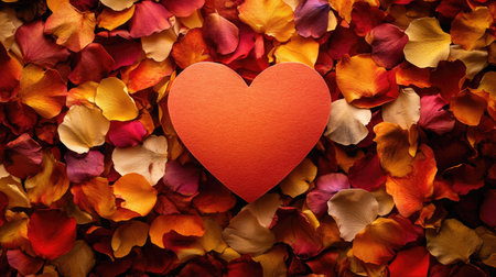 Small paper heart surrounded by flower petals, top view with ample copy space for kind messagesの素材