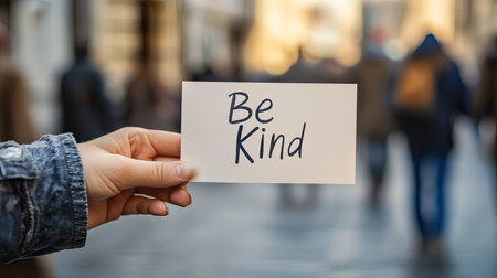 Handwritten note reading "Be Kind" on white background, perfect for World Kindness Day themes with copy spaceの素材