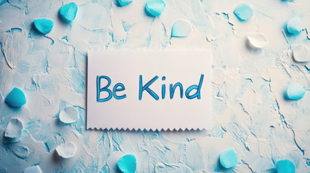Handwritten note reading "Be Kind" on white background, perfect for World Kindness Day themes with copy spaceの素材