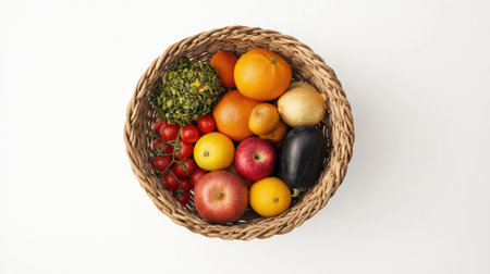 Healthy assorted produce in a rustic basket, top view with ample room for text on white backgroundの素材
