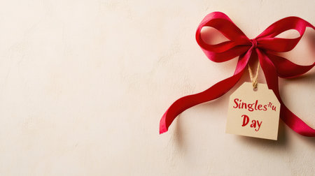 Isolated red ribbon and "Singles Day" tag on plain surface, simple design with room for promotional textの素材