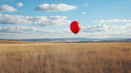 Single red balloon floating in an open field, symbolizing individuality with plenty of space for copyの素材