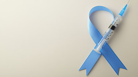 Syringe, blood glucose monitor, and blue circle ribbon on neutral background, symbolic of diabetes awareness with copy spaceの素材
