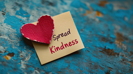 Heart on a sticky note with "Spread Kindness" text, minimal background with space for messagingの素材