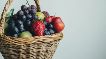 Mixed seasonal fruits and vegetables in woven basket, clean background with space for healthy copyの素材