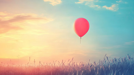 Single balloon drifting through a meadow at sunrise, symbolizing peace and tranquility with text spaceの素材