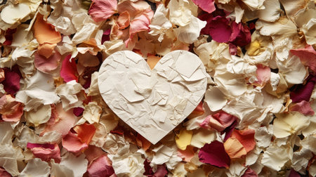 Small paper heart surrounded by flower petals, top view with ample copy space for kind messagesの素材
