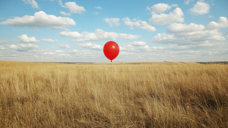 Single red balloon floating in an open field, symbolizing individuality with plenty of space for copyの素材