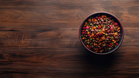 Top view of a bowl filled with dry pet food, set on a wooden surface, with ample copy space for textの素材