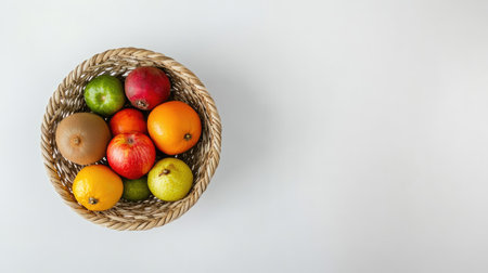 Top view of colorful fresh fruits and vegetables neatly arranged in a woven basket on white background, copy space for textの素材