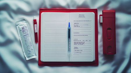 Top view of a blood sugar logbook and test kit on a plain background, room for text for diabetes awarenessの素材