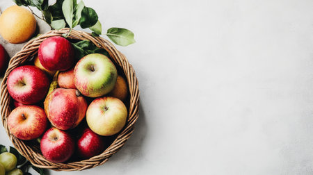 Vibrant, fresh produce in a rustic basket, set on white, ideal for healthy themes with text spaceの素材
