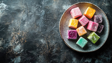 An array of colorful Turkish delight cubes on a ceramic plate, copy spaceの素材