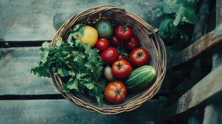 Top view of assorted fresh produce in basket on wood surface, fresh and organic with copy areaの素材