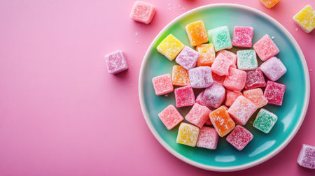 An array of colorful Turkish delight cubes on a ceramic plate, copy spaceの素材