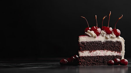 A slice of Black Forest cake topped with cherries, dark background, copy spaceの素材