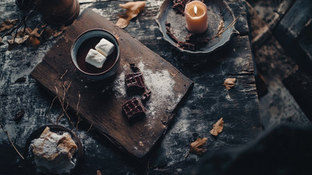 American s'mores with gooey marshmallow and chocolate, rustic setting, room for textの素材