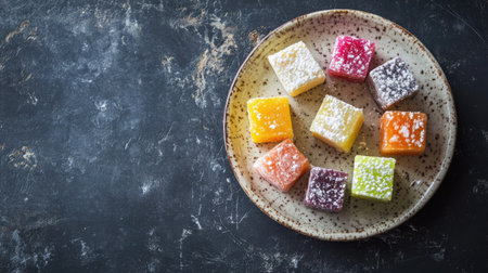 An array of colorful Turkish delight cubes on a ceramic plate, copy spaceの素材