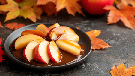 Caramel apple slices on a dark plate, fall leaves background, copy spaceの素材