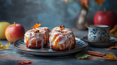 Apple fritters with cinnamon glaze, autumn setting, space to copyの素材