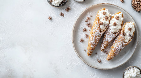 Close-up of cannoli filled with sweet ricotta, light background, copy spaceの素材