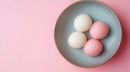 Close-up of a traditional Japanese mochi plate, pastel background for textの素材