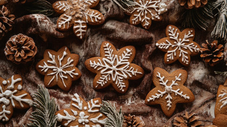 Festive gingerbread cookies with icing, placed on holiday background, space to copyの素材