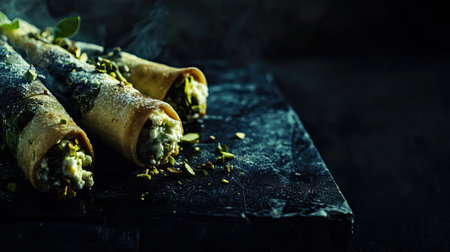 Close-up of Italian ricotta cannoli with pistachios, dark background, copy spaceの素材