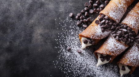 Layered Italian cannoli with chocolate chips, powdered sugar, space to copyの素材