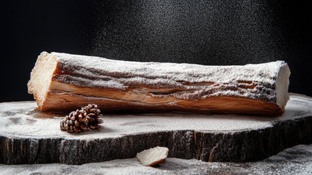 Festive winter yule log cake with powdered sugar, room for copyの素材