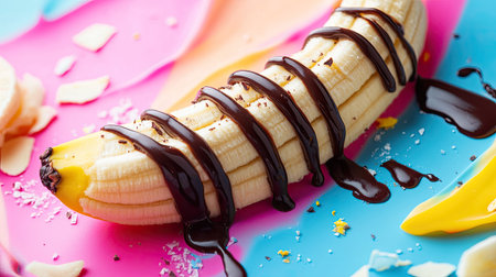 Fresh banana split with chocolate drizzle, colorful background, room for textの素材