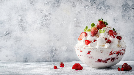 Eton mess dessert with meringue, strawberries, cream, clean background, copy spaceの素材