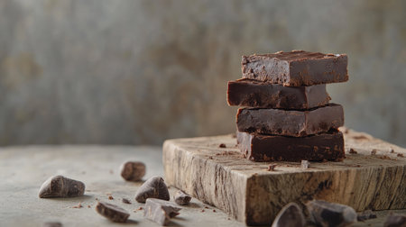 Dark chocolate fudge brownies on wooden board, light background, copy spaceの素材