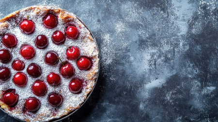 French clafoutis with cherries, powdered sugar on top, space for textの素材