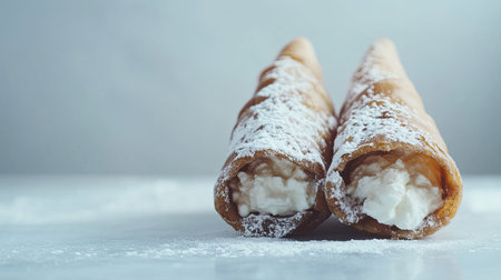 Close-up of cannoli filled with sweet ricotta, light background, copy spaceの素材