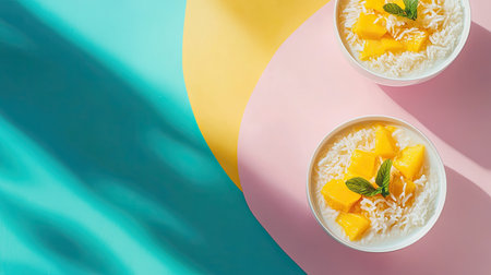 Mango sticky rice served with coconut milk, pastel background, copy spaceの素材