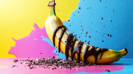 Fresh banana split with chocolate drizzle, colorful background, room for textの素材