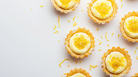 Mini lemon tartlets with a sprinkle of zest, light background, room for textの素材