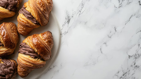 French croissants with chocolate filling on marble background, text spaceの素材