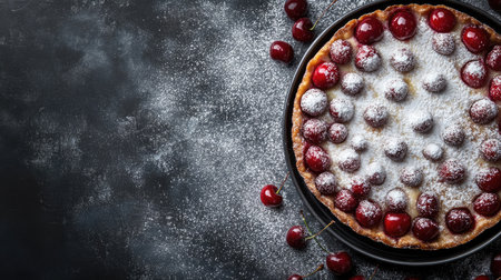 French clafoutis with cherries, powdered sugar on top, space for textの素材