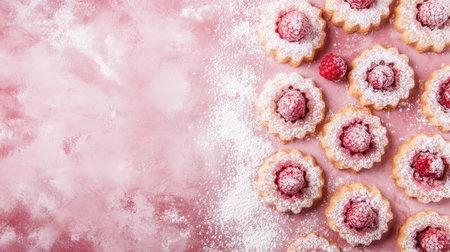 Raspberry linzer cookies with powdered sugar, clean background, room for textの素材